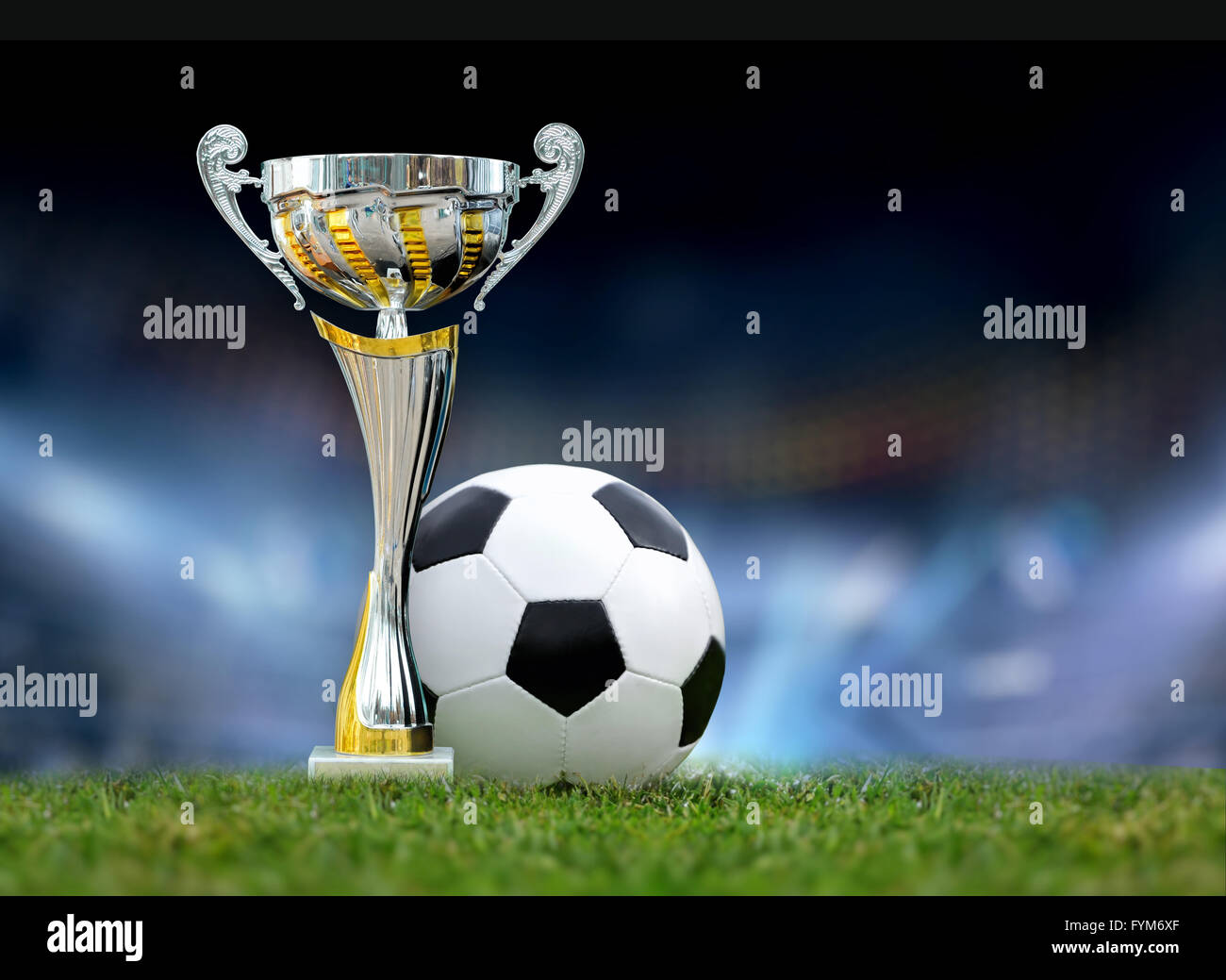 Golden trophy in grass on soccer field background Stock Photo