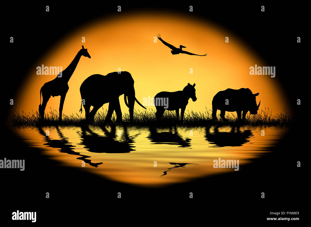 Silhouette african animals on the background of sunset. Large sun on a