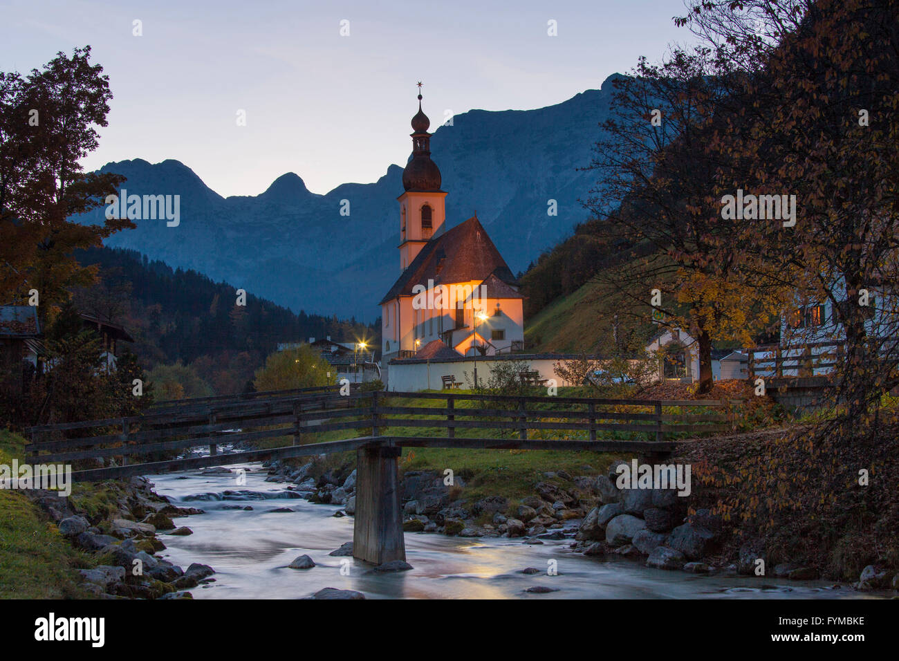 Parish of St. Sebastian in Ramsau at dark, Berchtesgaden, Bavaria Stock Photo