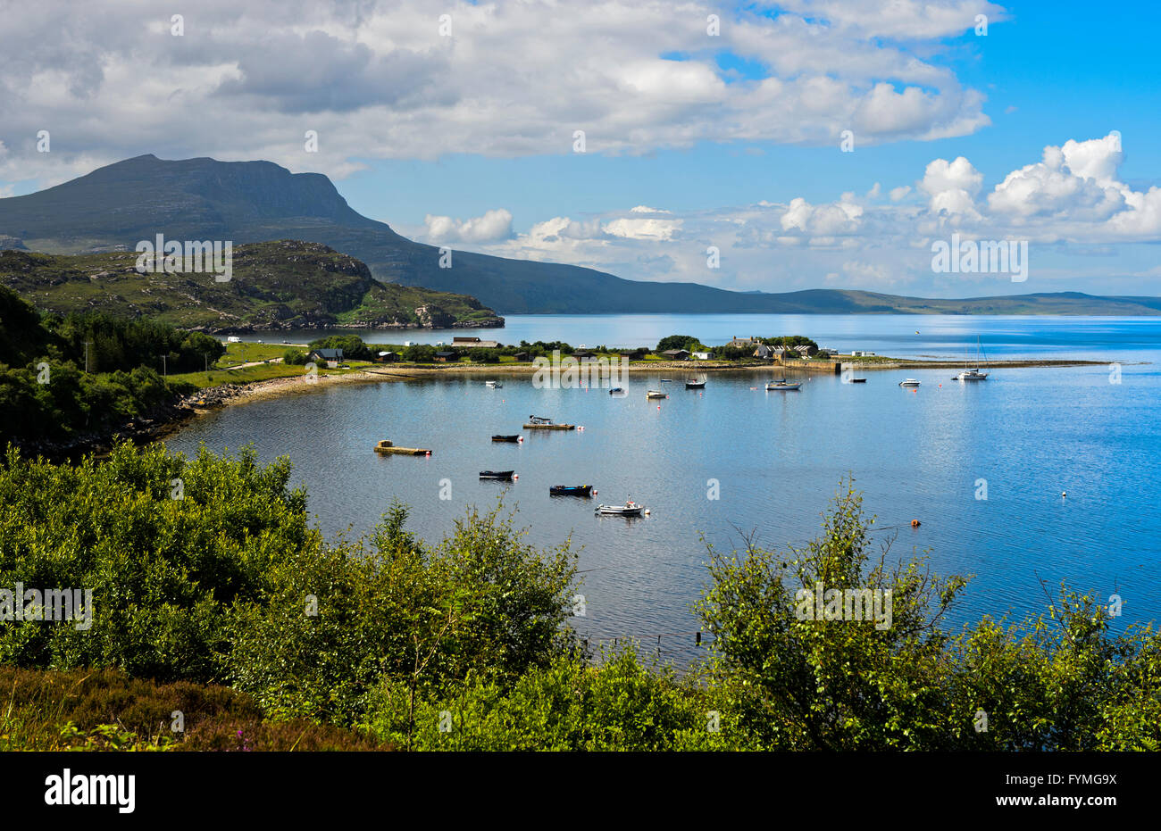 Land tongue with the Ardmair Point Holiday Centre at Loch Kanaird near Ullapool, Scotland, Great Britain Stock Photo