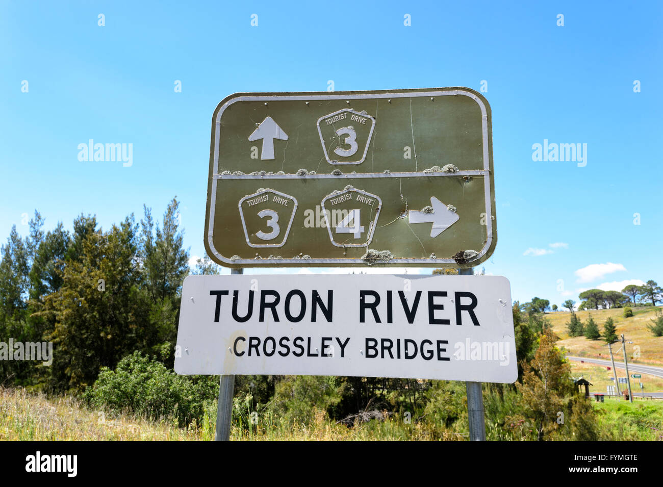 Turon River Sign, Crossley Bridge, Sofala, New South Wales, Australia Stock Photo