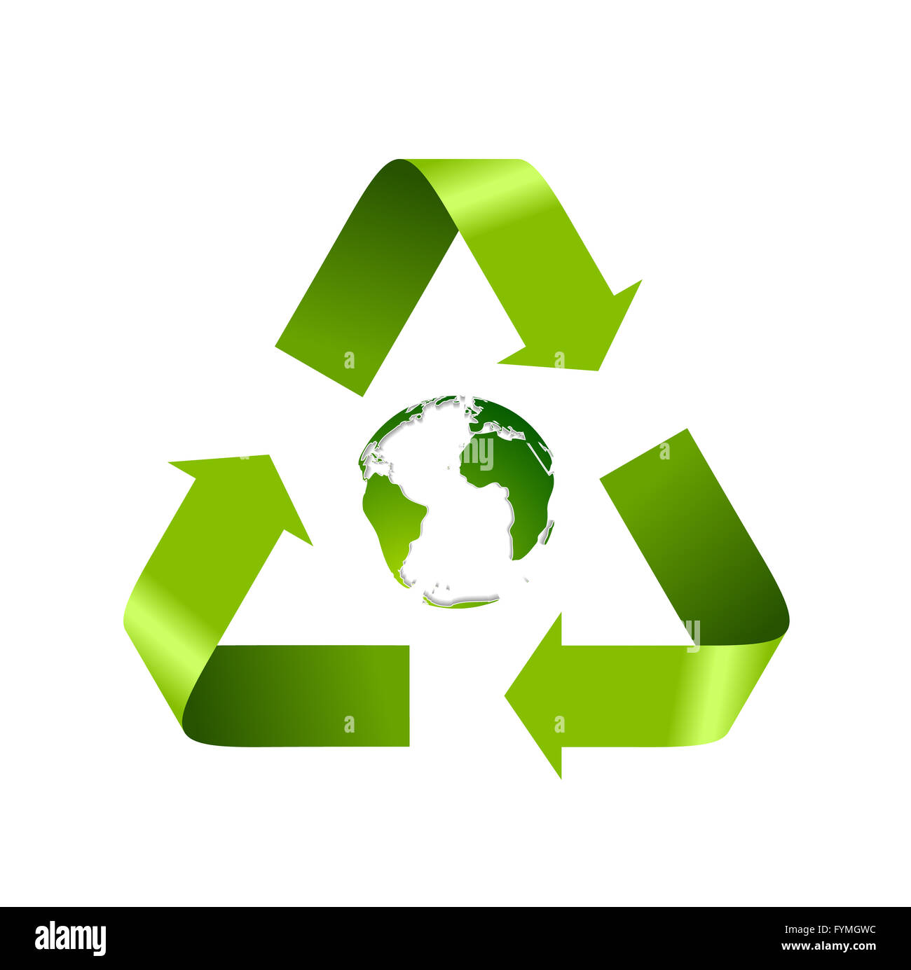 Green recycle logo and globe isolated on white Stock Photo