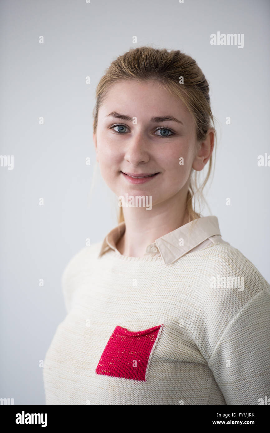 portrait of happy smilling female student girl in school library Stock ...