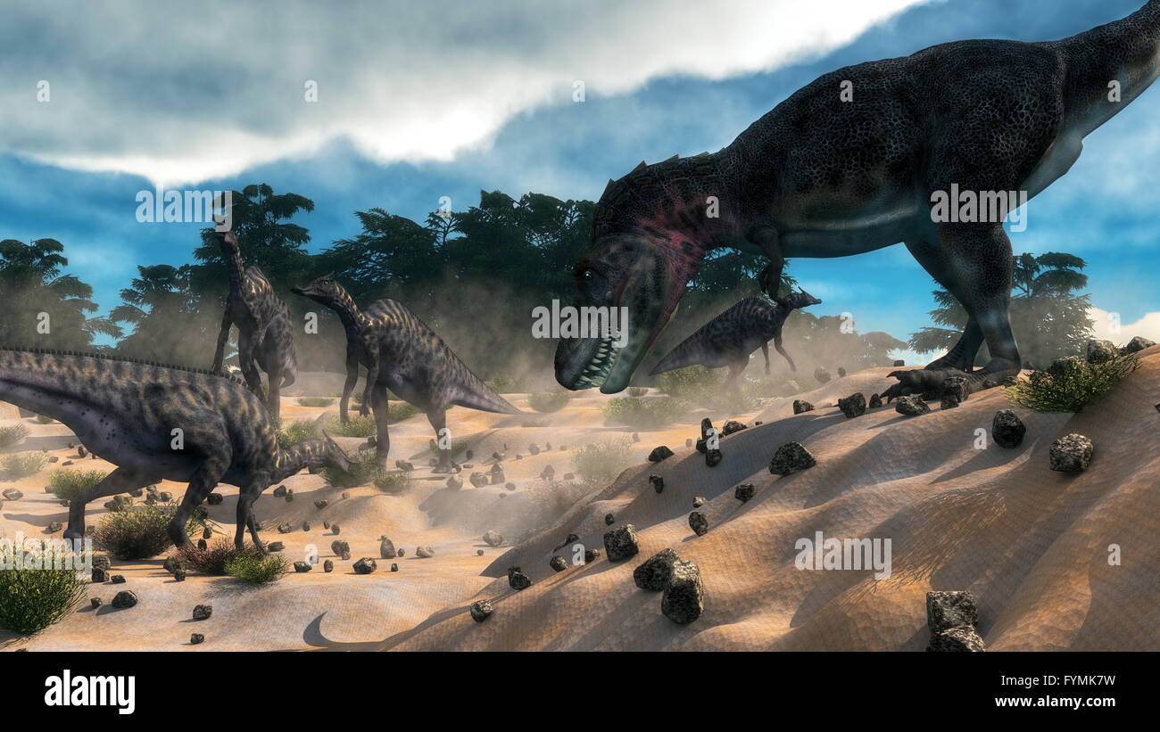 Saurolophus hunting tarbosaurus dinosaur - 3D render Stock Photo - Alamy