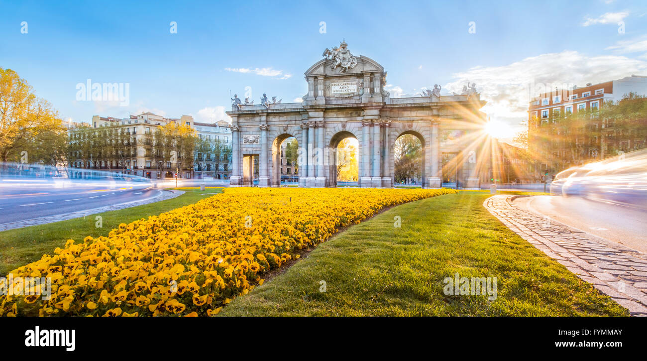 The Alacala Door (Puerta de Alcala) is a one of the ancient doors of the city of Madrid, Spain. It was the entrance of people co Stock Photo