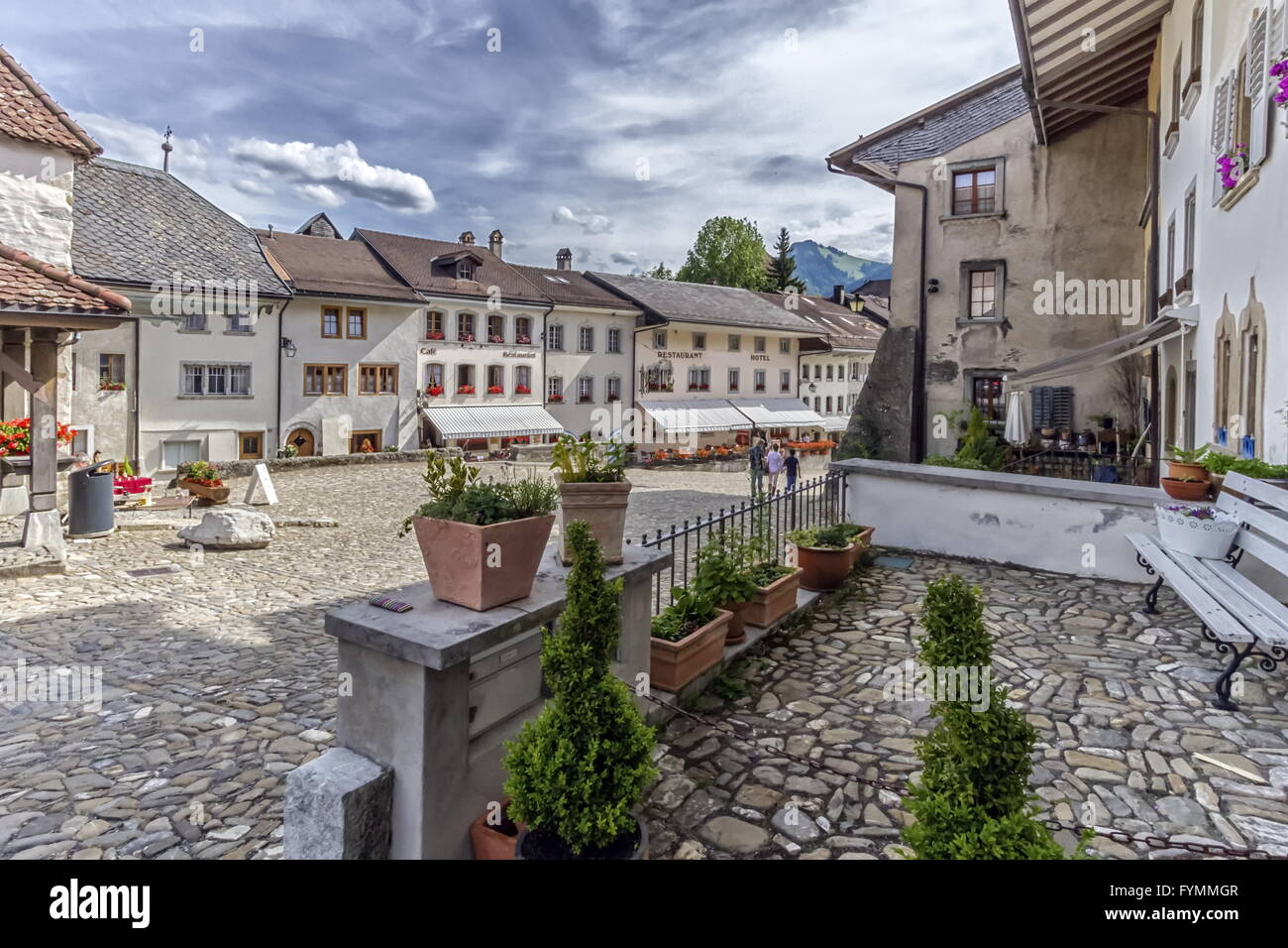 Street in Gruyeres village, Fribourg, Switzerland Stock Photo