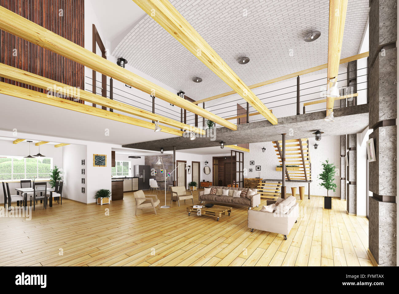 Interior of modern house, living room, hall, kitchen, staircase 3d ...
