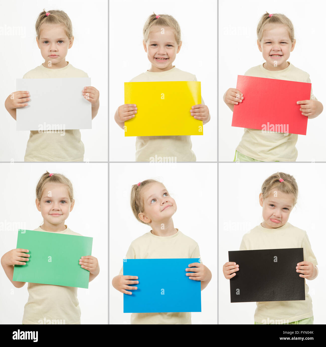 Collage Of Six Portraits Emotional Girl With Colored Cards Stock Photo collage-of-six-portraits-emotional-girl-with-colored-cards-stock-photo