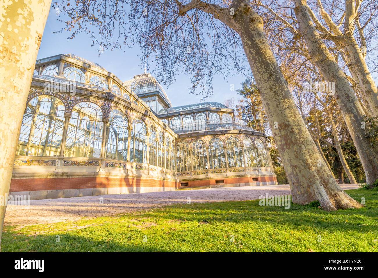 The Crystal Palace (Palacio de Cristal) is located in the Retiro park in Madrid, Spain. It is a metal structure used for exposit Stock Photo