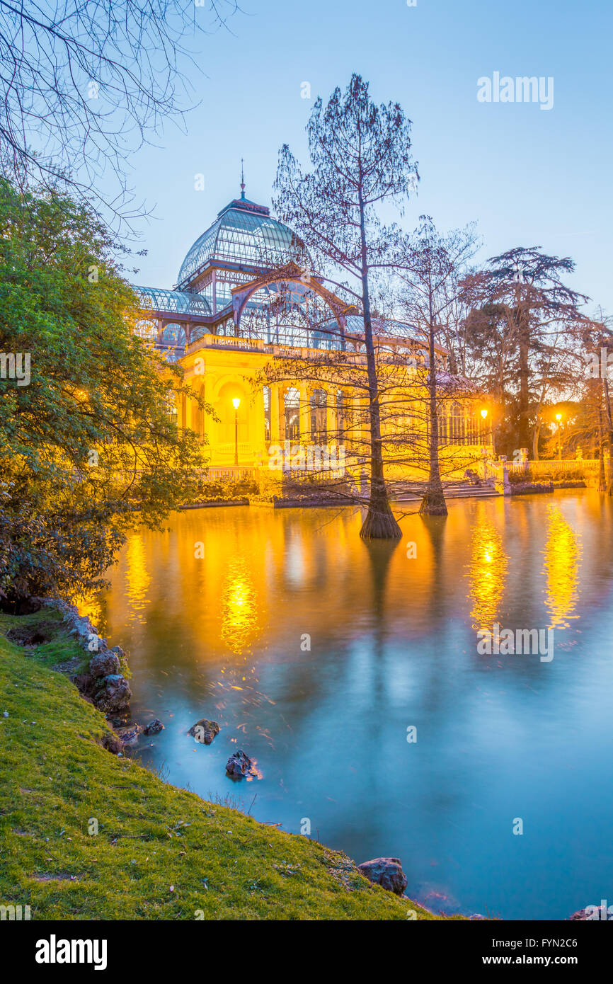 The Crystal Palace (Palacio de Cristal) is located in the Retiro park in Madrid, Spain. It is a metal structure used for exposit Stock Photo