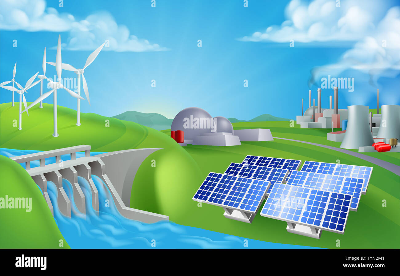 Energy or power generation sources illustration. Includes renewable