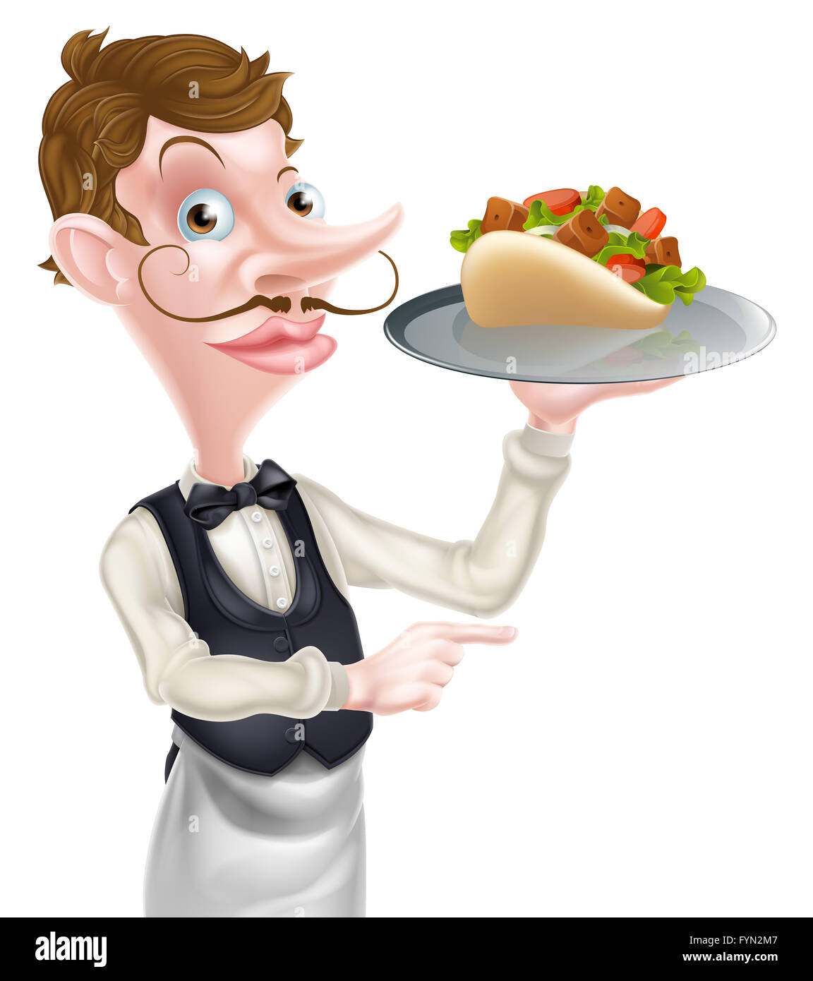 An Illustration of a Cartoon Kebab Pita Waiter Pointing Stock Photo