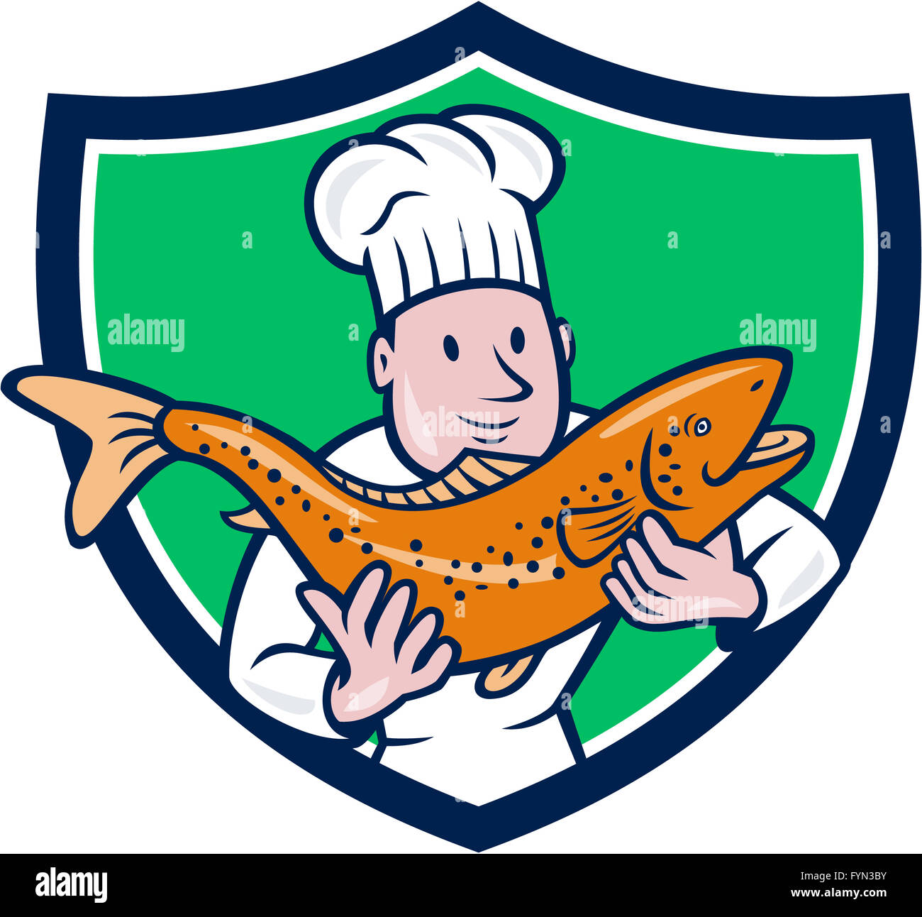 Chef Cook Holding Trout Fish Shield Cartoon Stock Photo