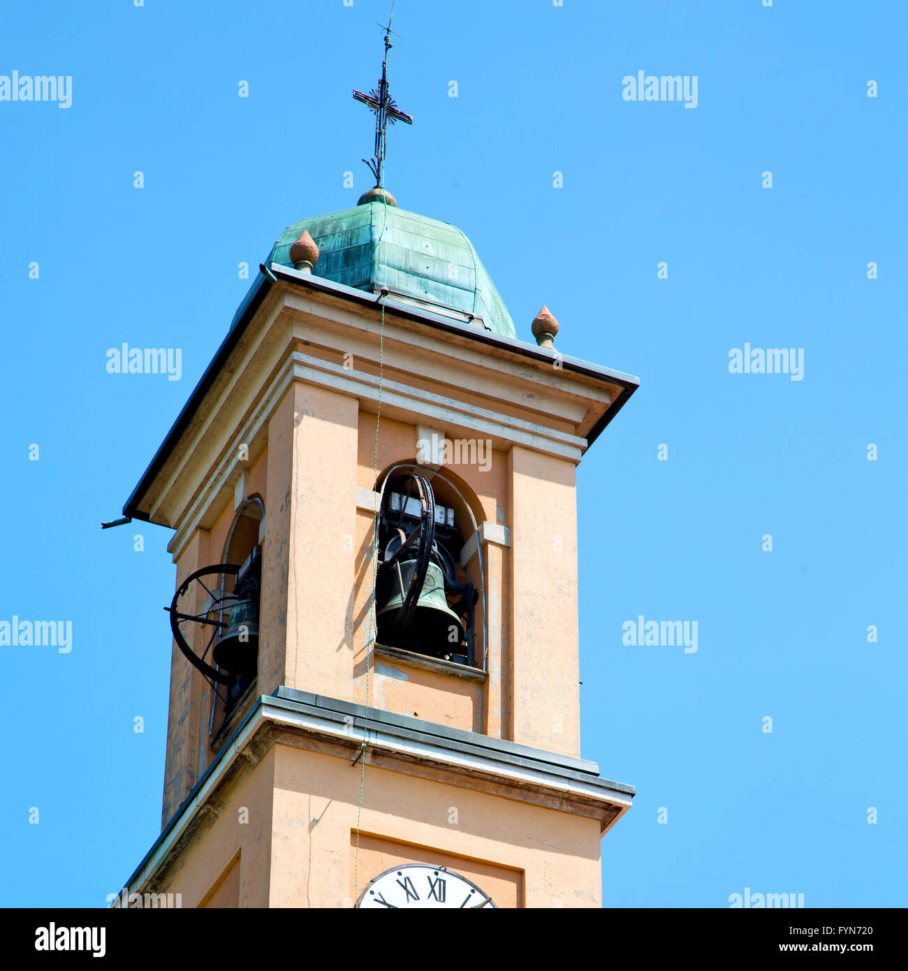 ancien clock tower in italy europe old stone and bell Stock Photo - Alamy