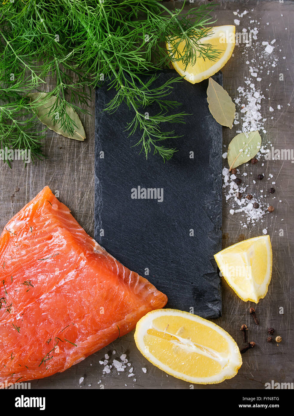 Salted salmon with dill Stock Photo