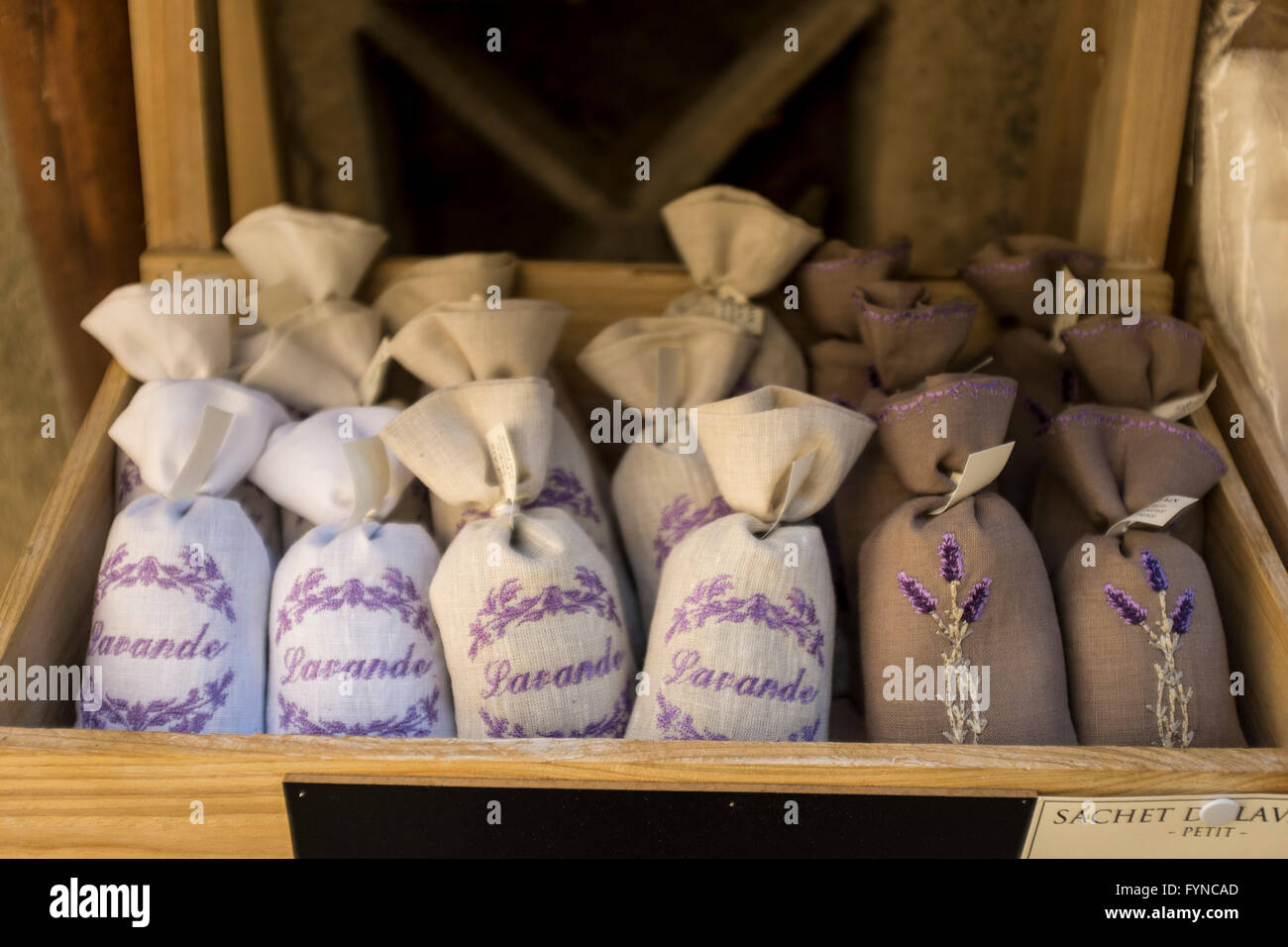 Small sachets of dried Lanvender flowers for sale, Lourmarin, Vaucluse, Provence-Alpes-Côte d'Azur, France Stock Photo