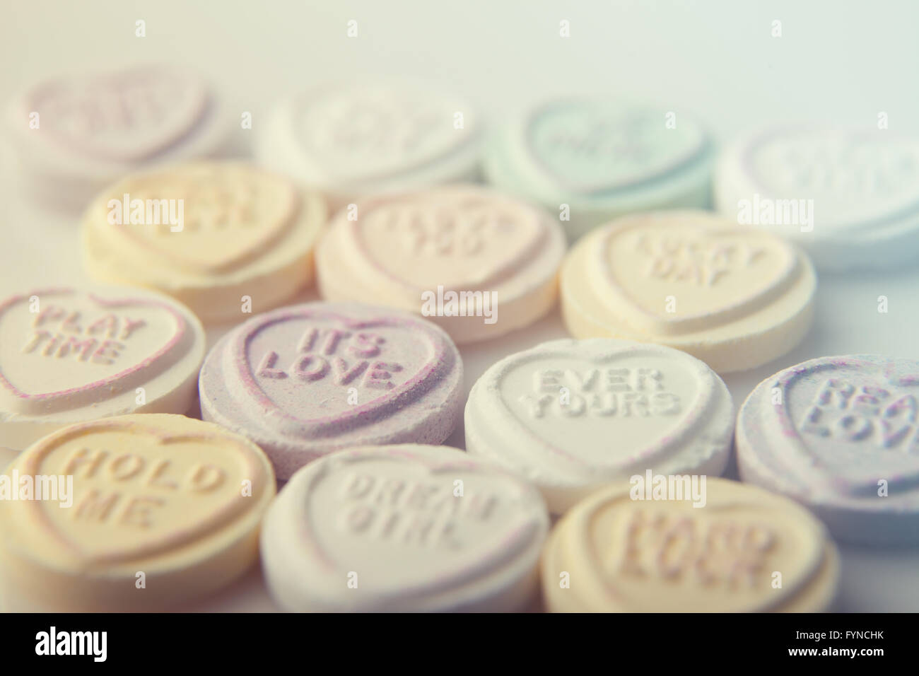 Close up of Love hearts sweets. Stock Photo