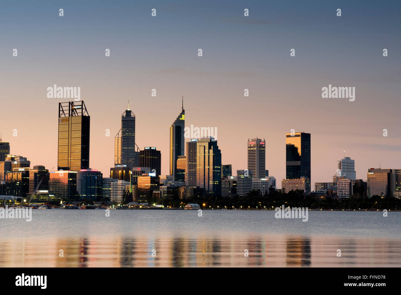 The City of Perth at Sunset across the Swan River, Western Australia Stock Photo