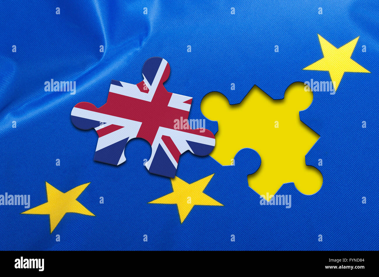 Brexit - Detail of Silky Flag of Blue European Union EU Flag Drapery With Puzzle Piece With Great Britain Stock Photo