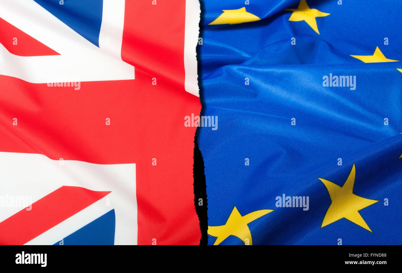 Brexit - Detail of  Separated Silky Flags of European Union and United Kingdom Stock Photo