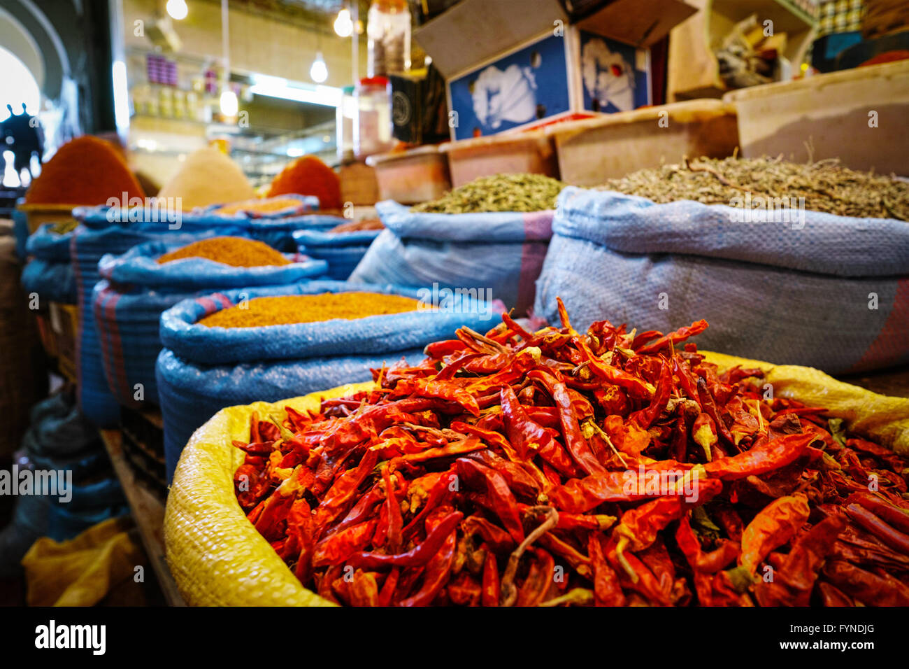 Moroccan indoor spice market in Meknes Stock Photo