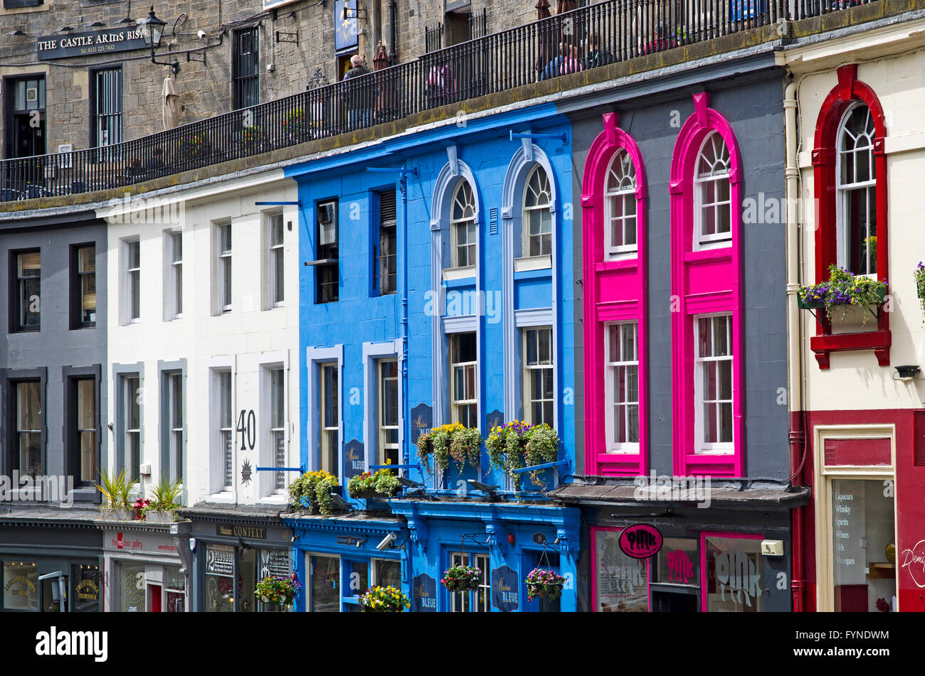A brightly painted terrace, Victoria Street, Edinburgh Old Town, Scotland UK Stock Photo