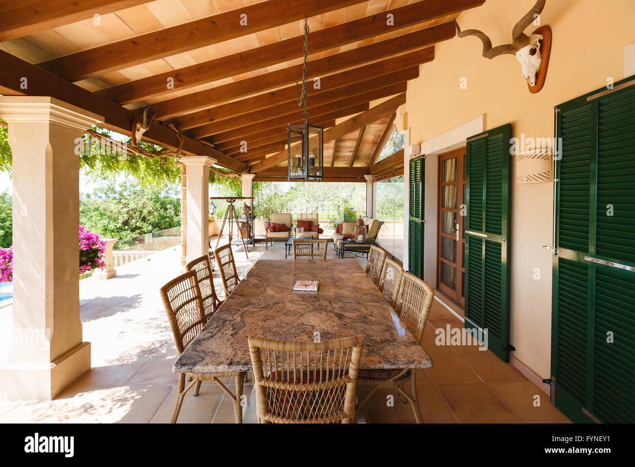 The veranda of the Spanish home nearby the Mediterranean Sea, Mallorca Stock Photo
