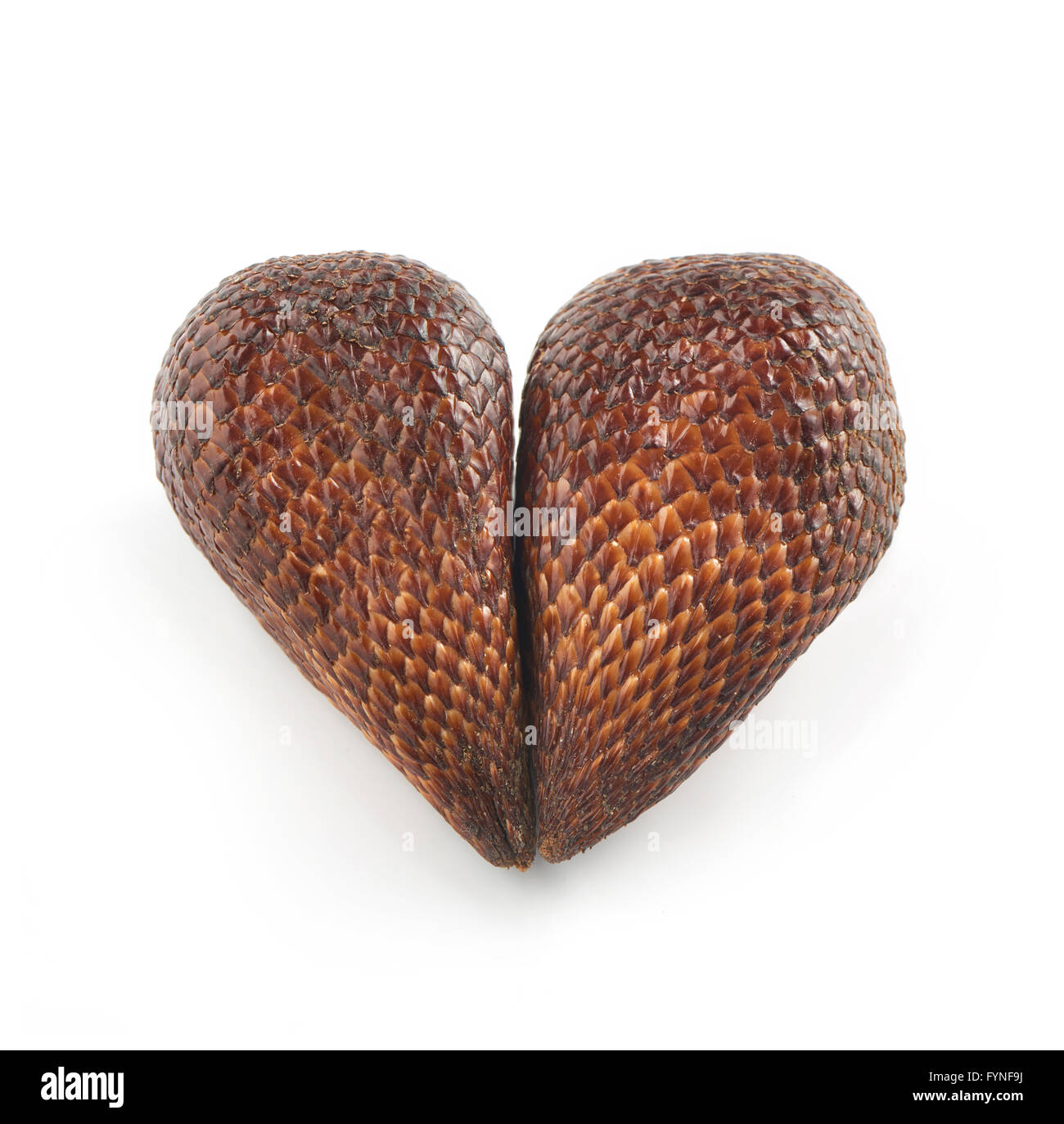 Close Up Still Life of Exotic Salak Palm Fruit with Brown Scaly Skin Arranged into Heart Shape on White Background with Copy Spa Stock Photo