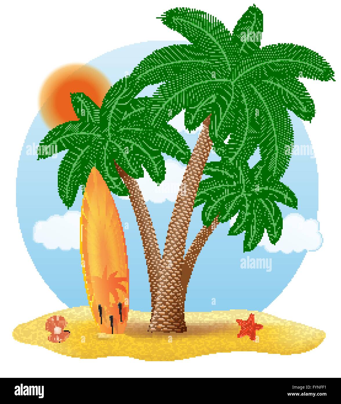 surfboard standing under a palm tree vector illustration isolated on ...