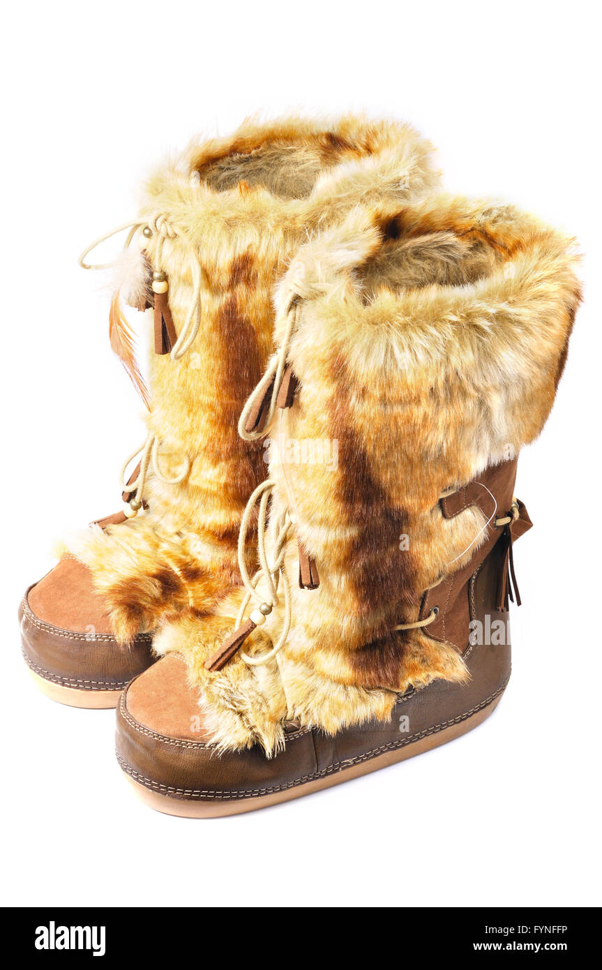 furry winter boots isolated on white Stock Photo