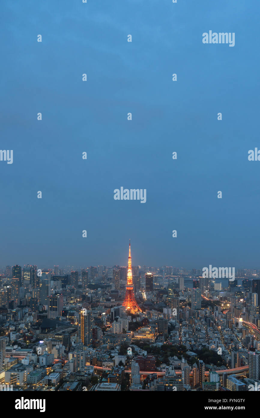 View of Tokyo Tower at night from Mori Tower observatory in Roppongi Stock Photo