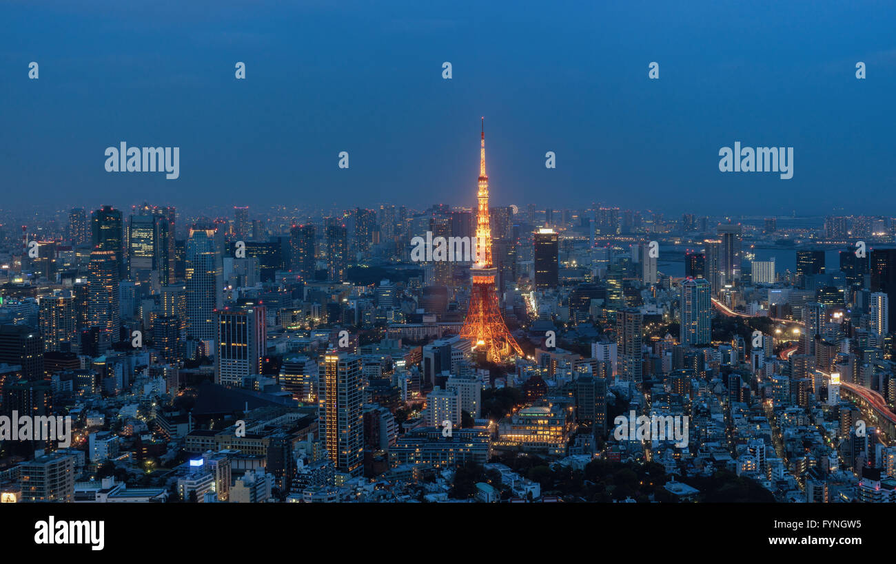 View of Tokyo Tower at night from Mori Tower observatory in Roppongi Stock Photo