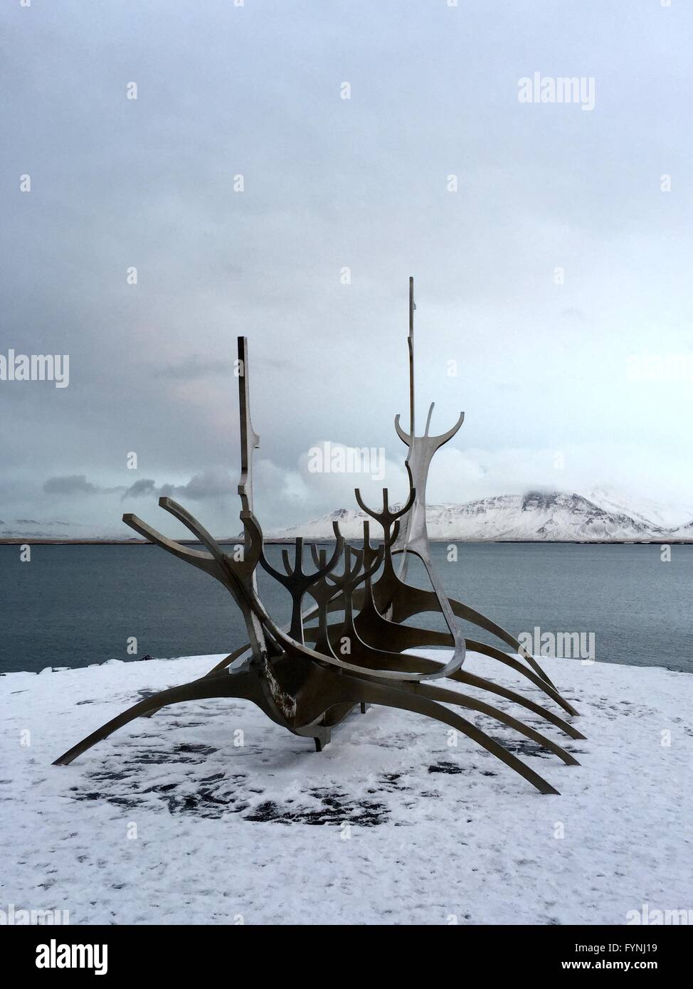 Viking ship sculpture in Reykjavik, Iceland, overlooking the sea Stock