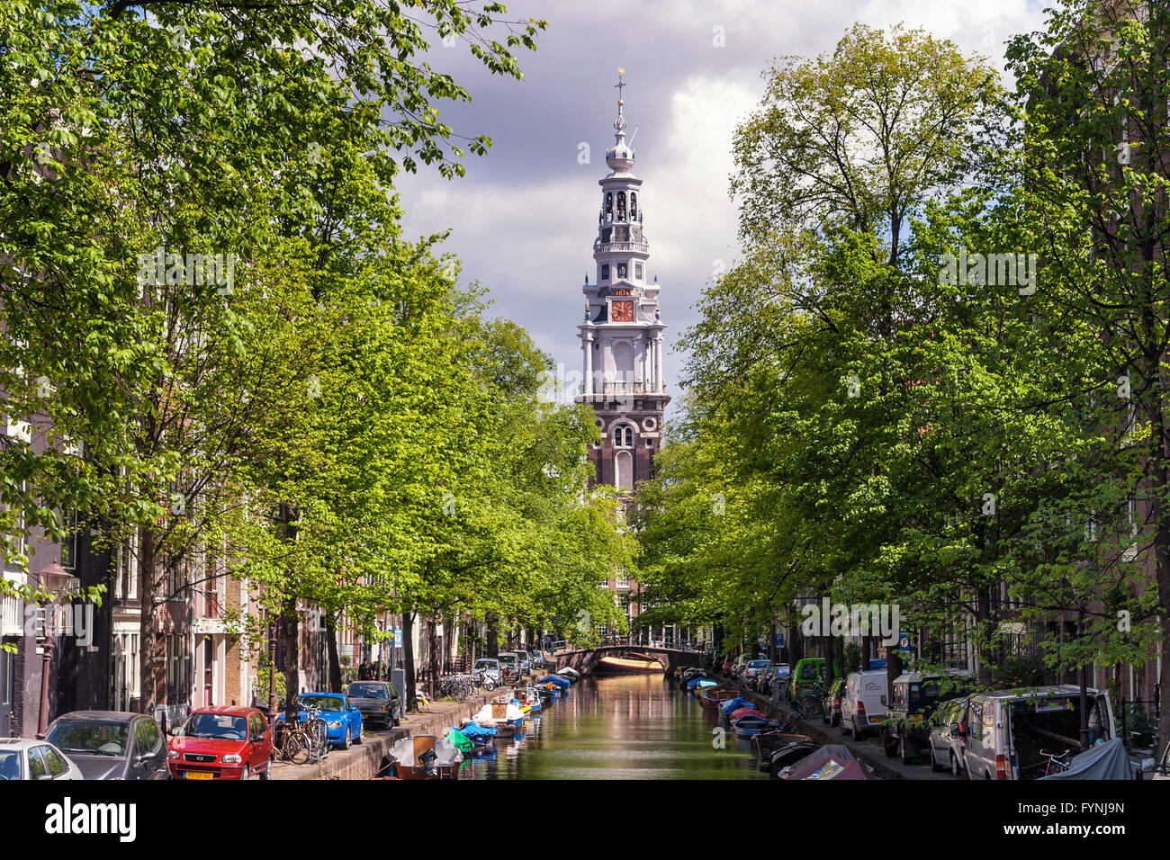 Westerkerke Church in Amsterdam viewed along the Prinsengracht Canal, Amsterdam, Netherlands Stock Photo