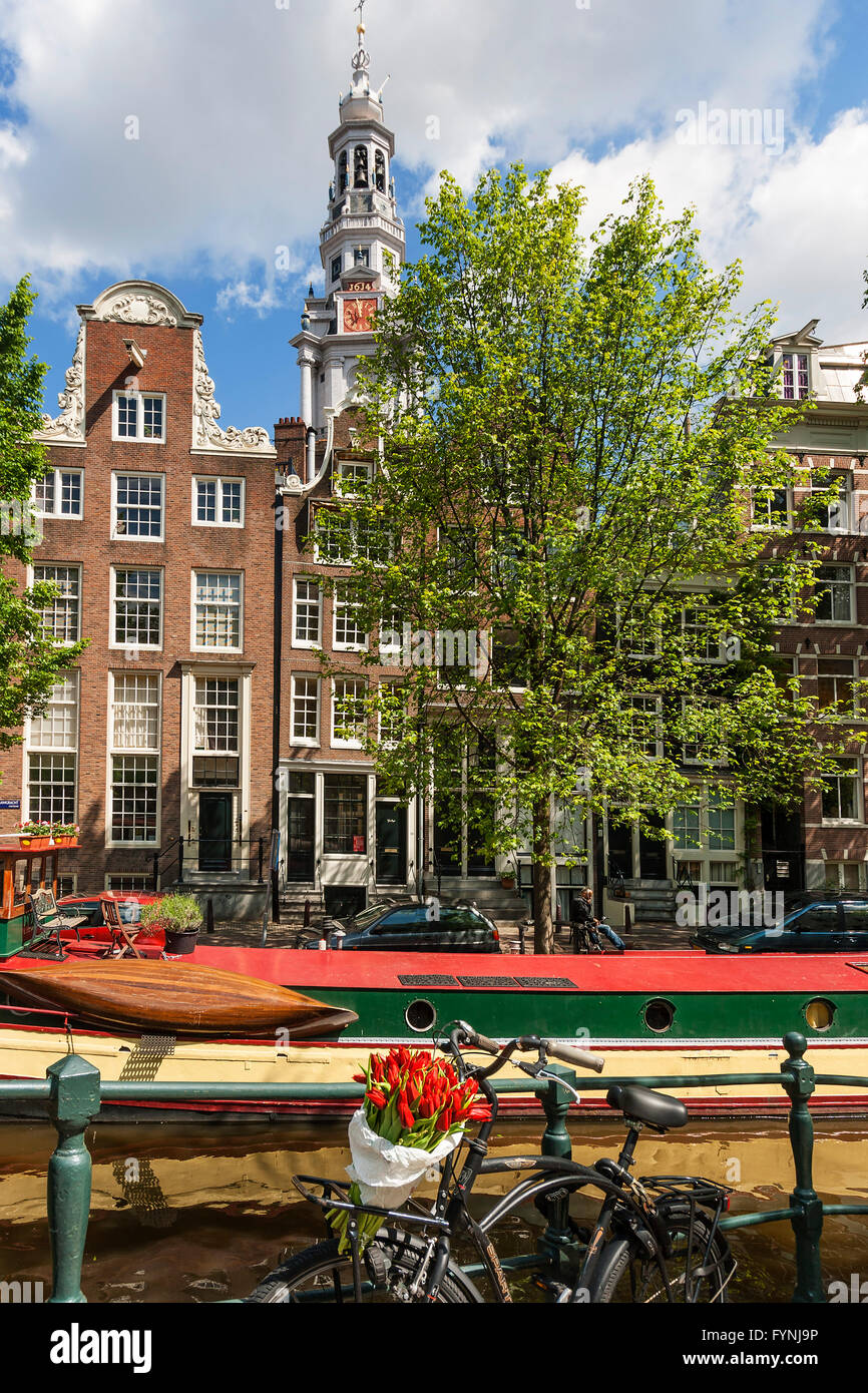 Bicylce with tulips, background Westerkerke Church,  Prinsengracht Canal, Amsterdam, Netherlands Stock Photo