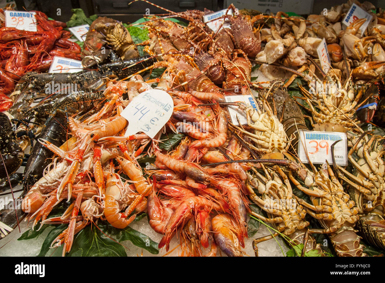Seafood, Fish, Mercat de Sant Josep located on La Rambla, Boqueria market, Barcelona, Spain Stock Photo