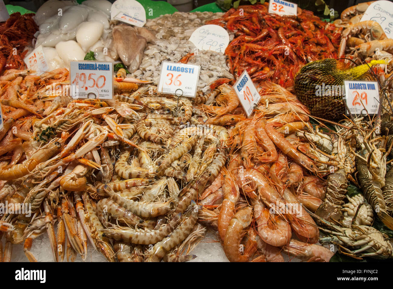 Seafood, Fish, Mercat de Sant Josep located on La Rambla, Boqueria market, Barcelona, Spain Stock Photo