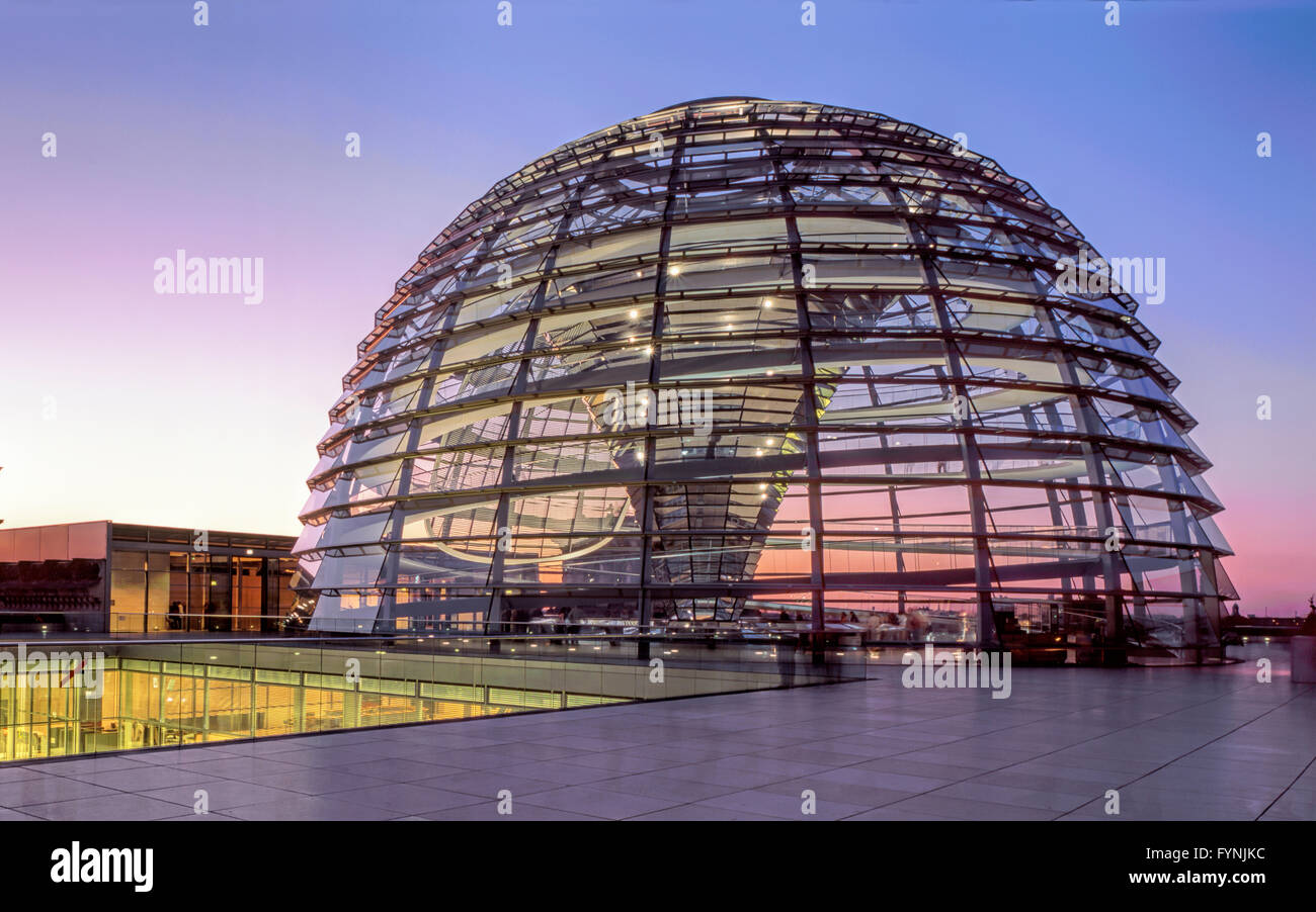 Berlin, Reichstag, roof terasse, dome by Norman Forster, twilight Stock Photo