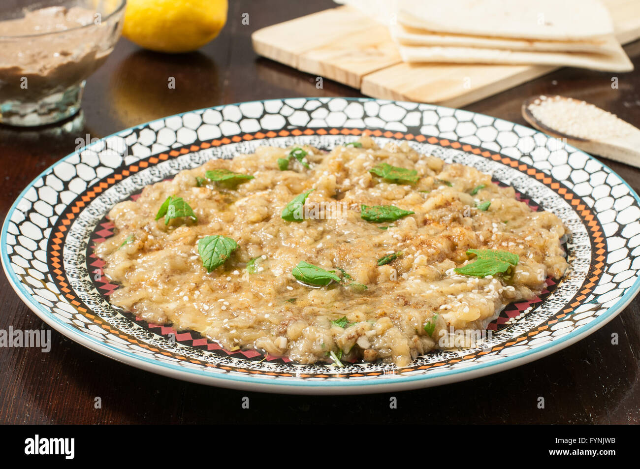 babaganoush Lebanese recipe made with eggplant, asia Appetizer Arabic