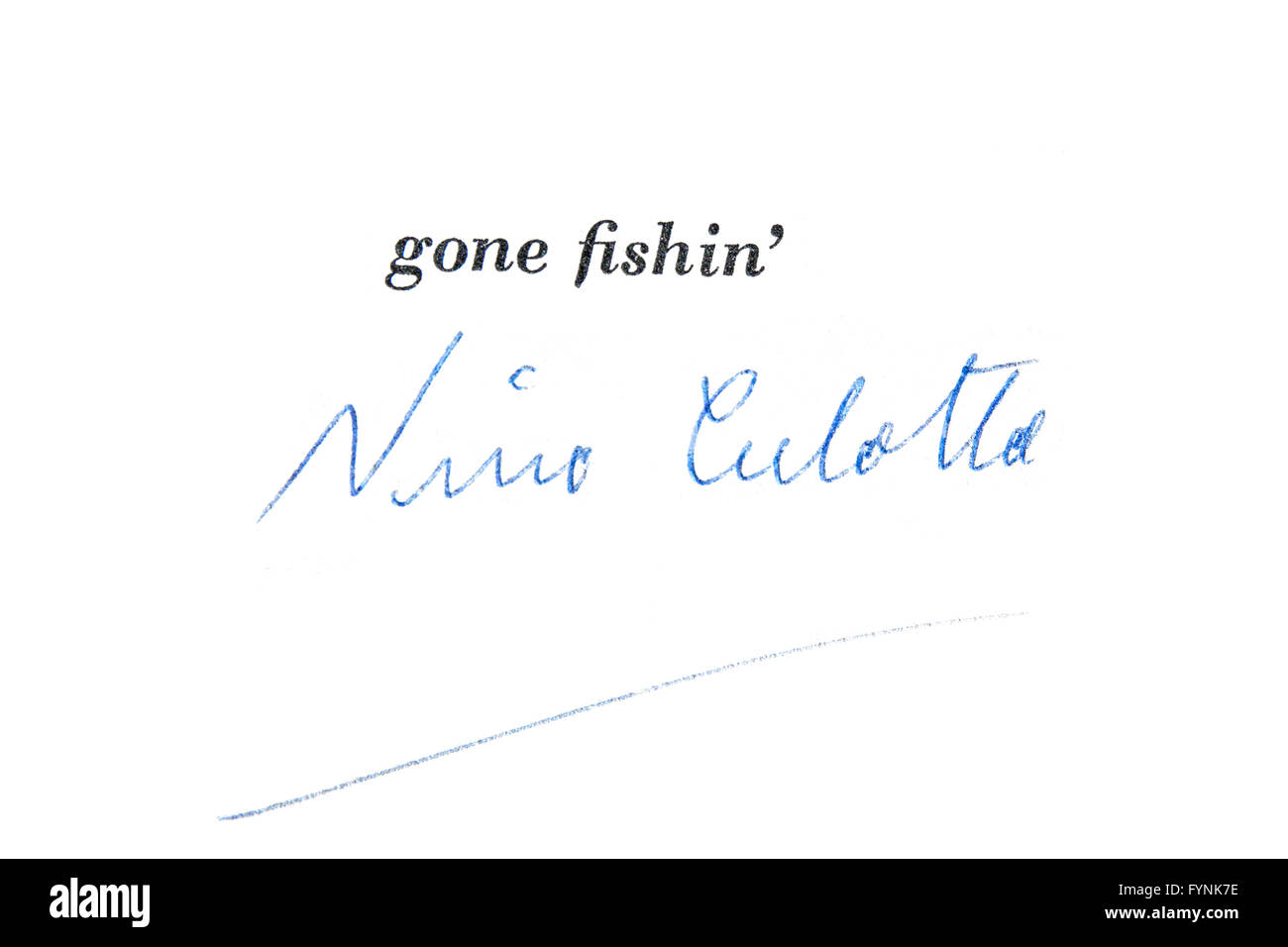 Signature of Australian  author John O'Grady's pseudonym Nino Culotta on the flyleaf of 'Gone fishin''. Stock Photo