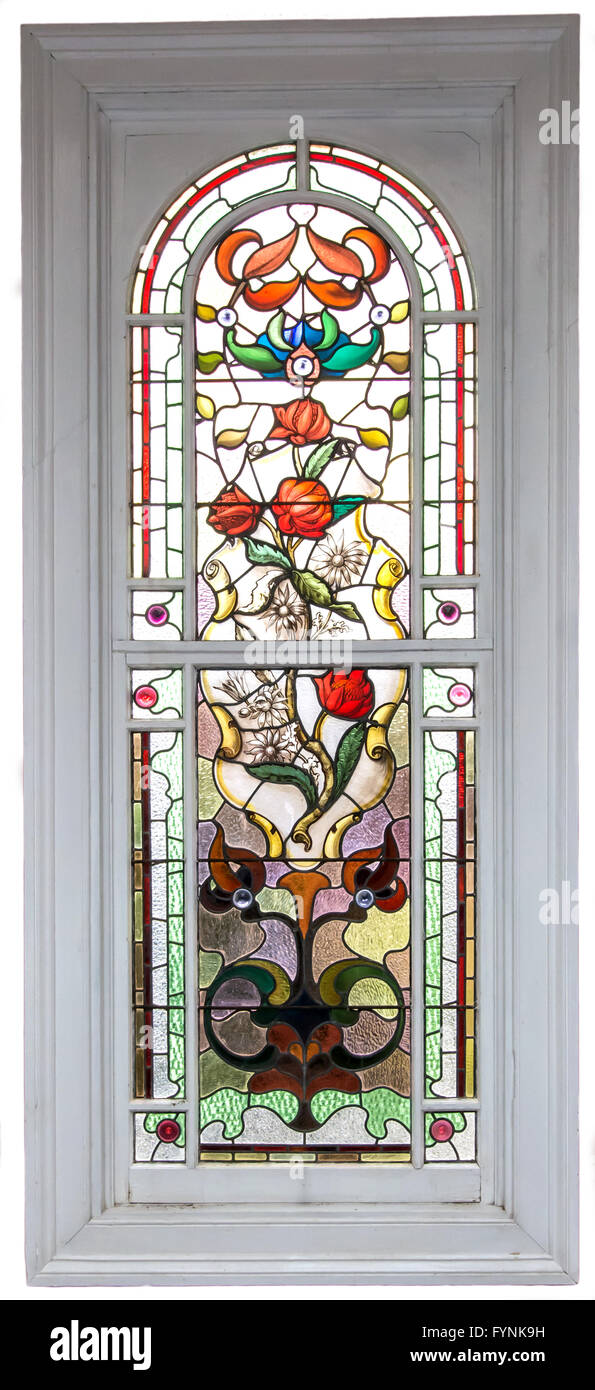 One of several stained glass windows in Langford Mansion, Walcha NSW Australia. Featuring Australian native flowers. Stock Photo
