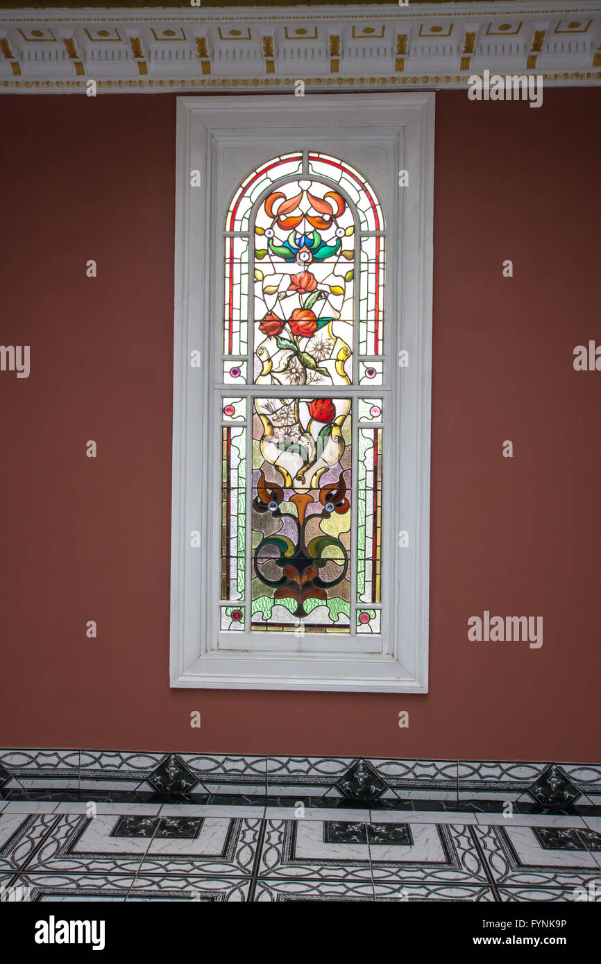 One of several stained glass windows in Langford Mansion, Walcha NSW Australia. Featuring Australian native flowers. Stock Photo