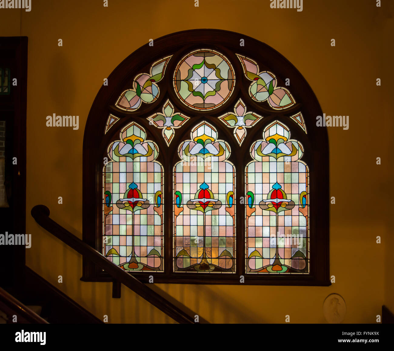 Stained glass window at top of stair well in Langford Homestead, Walcha