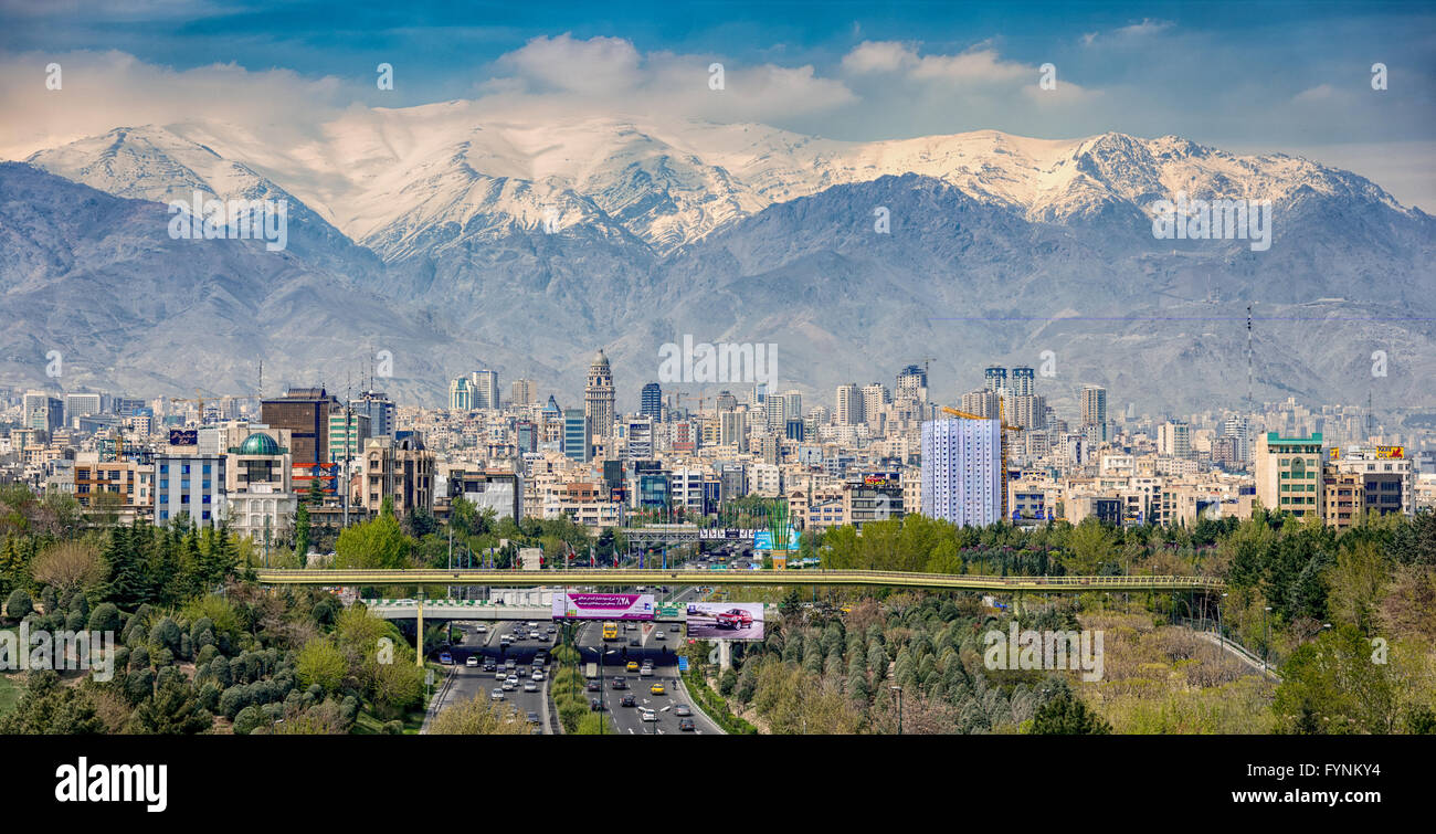 Skyline view of Tehran, Iran, and the Alborz Mountains from the Tabiat Pedestrian Bridge. Stock Photo