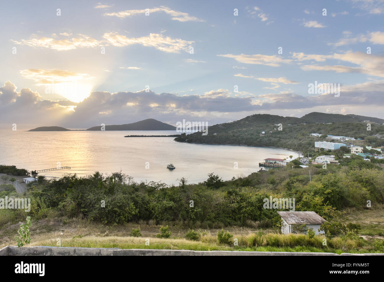 Panorama of the peaceful Caribbean harbor and town at sunset on Culebra, a small island in Puerto Rico Stock Photo