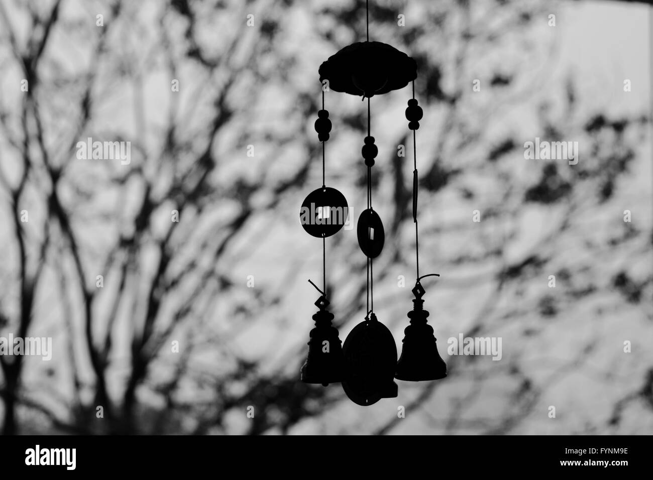 Windchime in classic black and white with a tree in the background Stock Photo