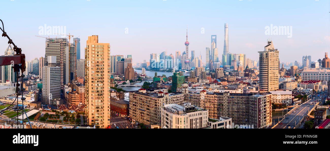 Shanghai, China - Oct 3, 2015: Wide panoramic view of Shanghai skyline. Stock Photo