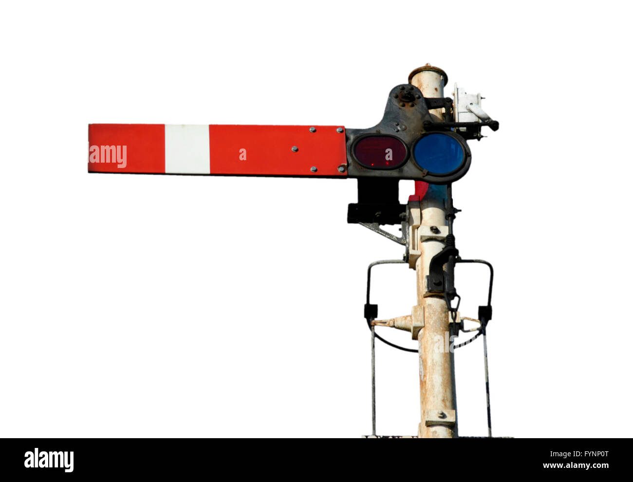 Railway train transport semaphore track signal in the halt or stop position. Stock Photo