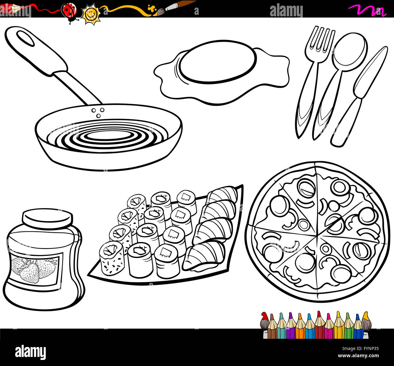 food objects set coloring page Stock Photo - Alamy