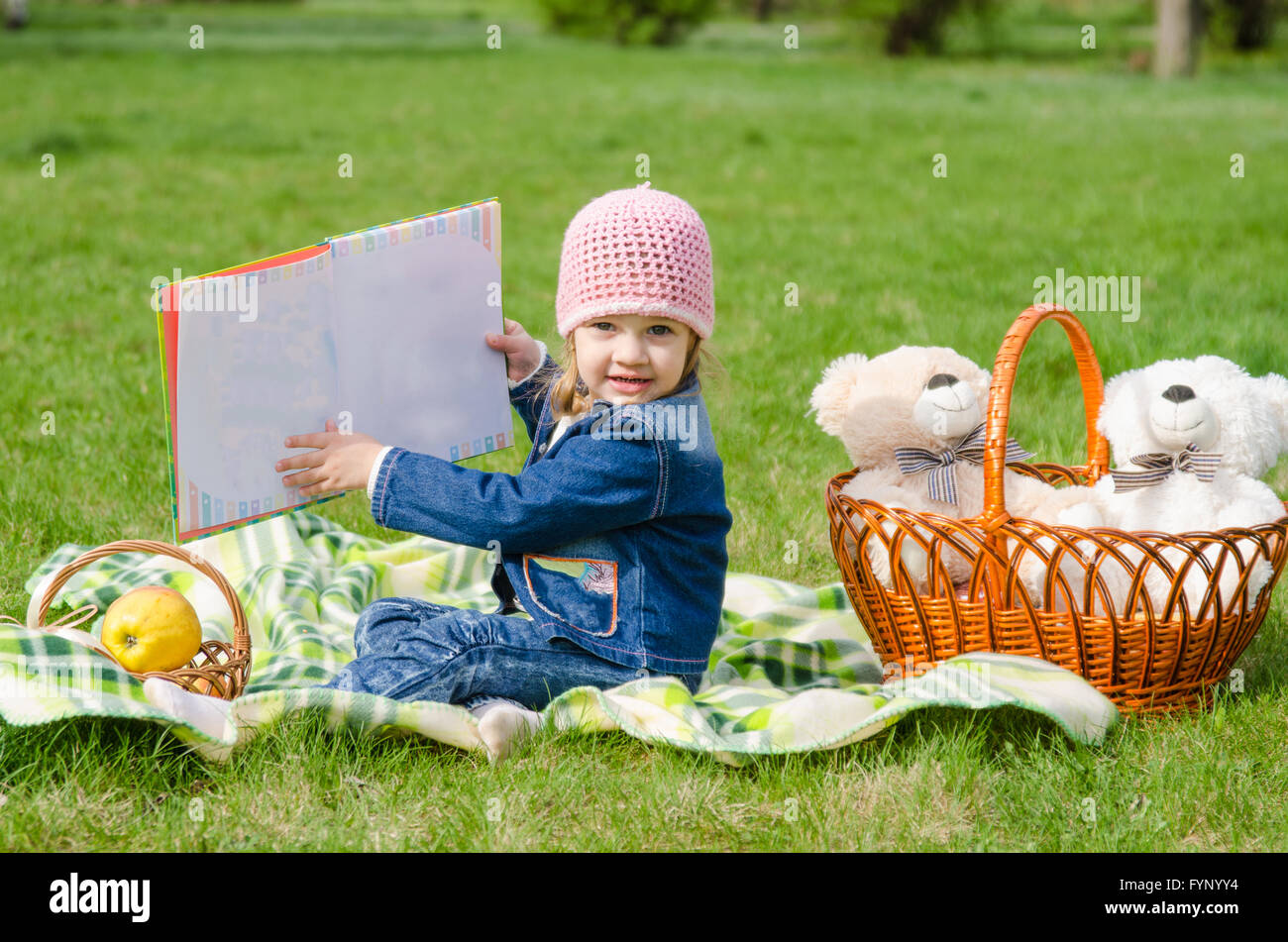 The three-year girl showing a book on a picnic Stock Photo